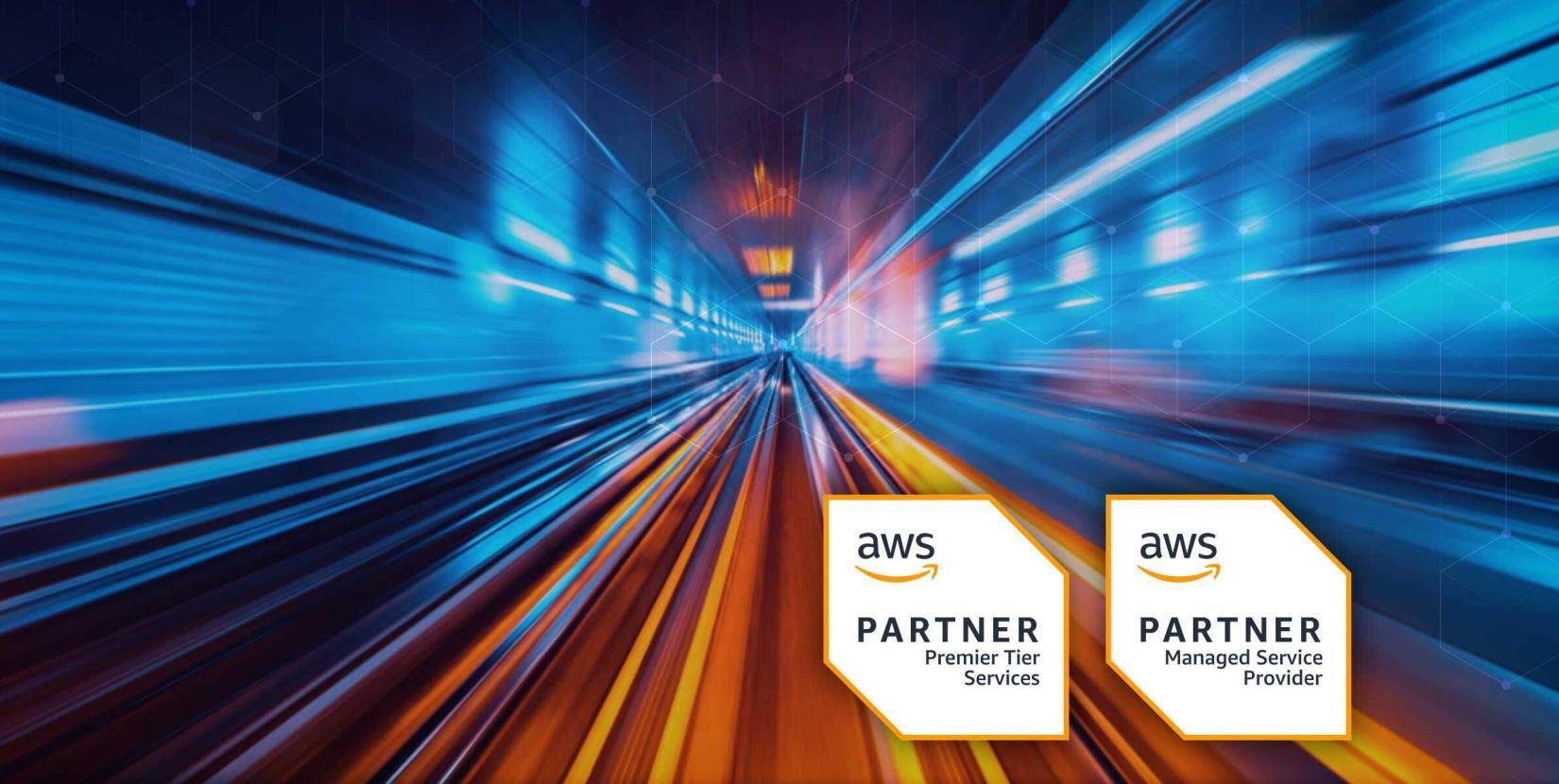 Streak blue and orange lines in perspective with AWS Premier Partner logo