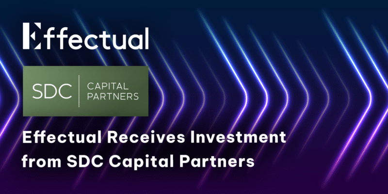 Abstract purple background with forward momentum and text overlay stating "Effectual Receives Investment from SDC Capital Partners"